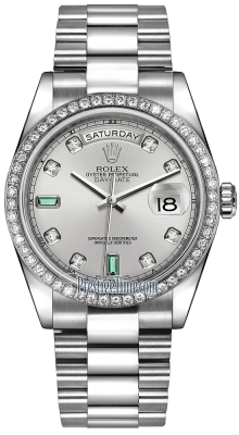 Rolex Day-Date 36mm Platinum Diamond Bezel 118346 Rhodium Diamond Emerald President